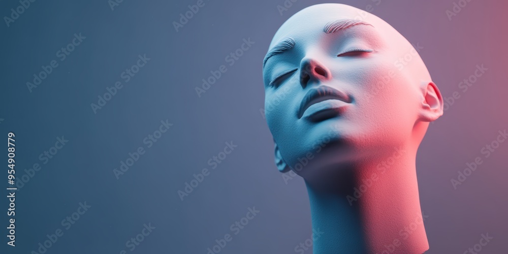 A stylized mannequin head showcases a serene expression against a gradient backdrop, emphasizing modern aesthetics and design. A stylized mannequin head showcases a serene expression against a gradient backdrop, emphasizing modern aesthetics and design.