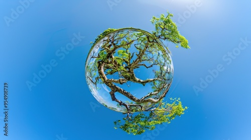 Intertwined Branches and Leaves Forming a Globe Against a Clear Blue Sky. Concept of nurturing the Earth and the interconnected web of life. photo