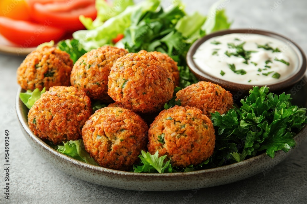 Fried Falafel Balls Served with Tahini Sauce and Salad Fried Falafel Balls Served with Tahini Sauce and Salad