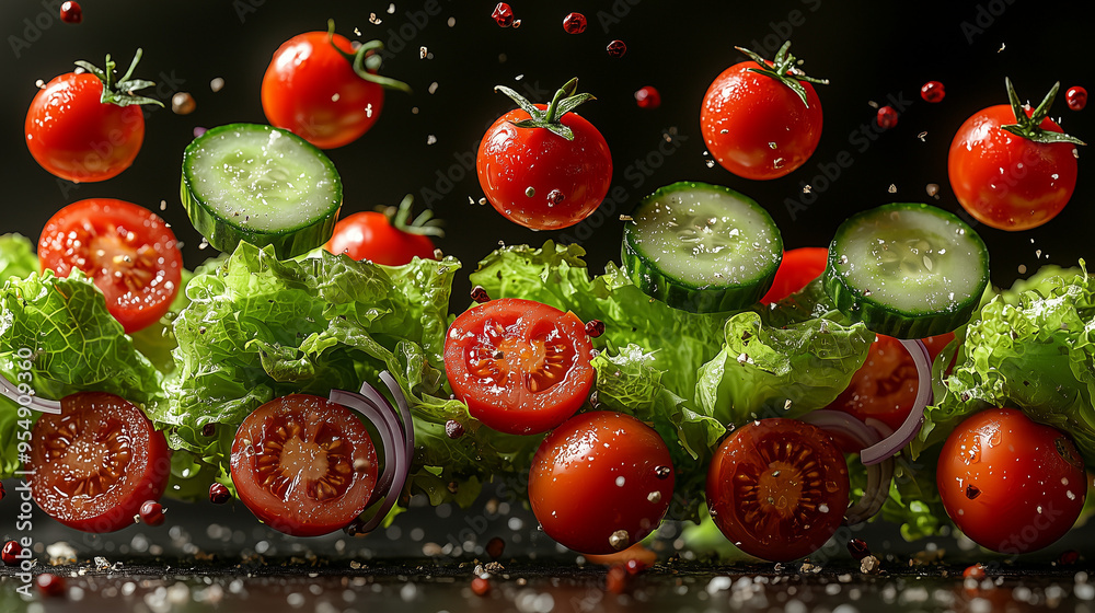 dynamic 3D arrangement of salad ingredients floating in mid-air, provided as high-resolution PNG cutouts with transparent backgrounds. Feature ingredients like crisp lettuce leaves, juicy cherry tomat dynamic 3D arrangement of salad ingredients floating in mid-air, provided as high-resolution PNG cutouts with transparent backgrounds. Feature ingredients like crisp lettuce leaves, juicy cherry tomat
