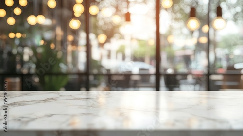 A blurred cafe interior with a marble table in focus, illuminated by warm light bulbs, creating a cozy atmosphere.