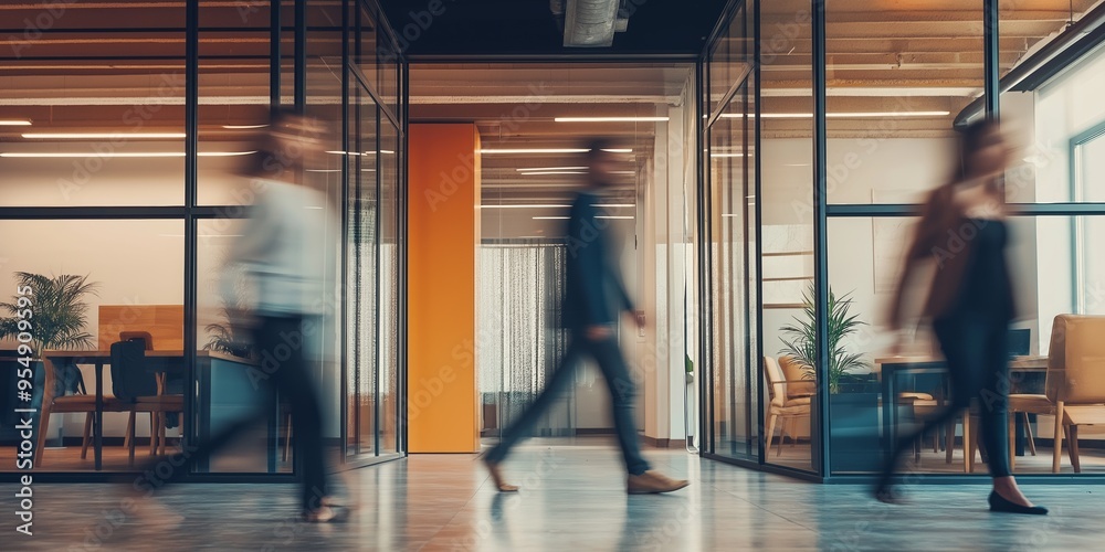 Fototapeta premium A group of people walking through a large open office space. The people are wearing business attire and appear to be in a hurry. The office is filled with various furniture, including chairs, tables