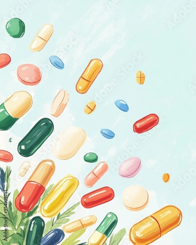 A vibrant assortment of colorful capsules and tablets falling against a soft background, representing health and wellness. photo