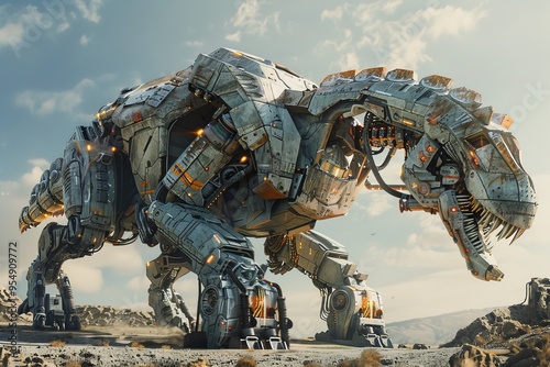 In a hyper-realistic future, a giant mecha dinosaur, equipped with the latest technology, roams the earth.