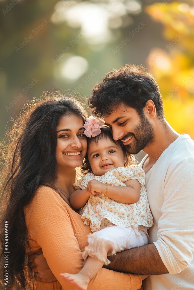 A family of three, a man, a woman and a baby, are smiling and hugging each other A family of three, a man, a woman and a baby, are smiling and hugging each other