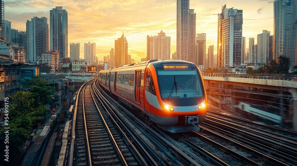 High-speed train passing through a modern city during sunset High-speed train passing through a modern city during sunset