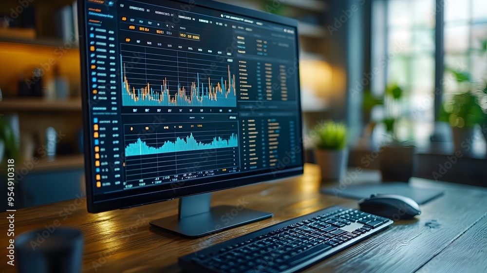 Business graph and growth chart on a computer screen, part of a detailed financial report and digital marketing analysis.