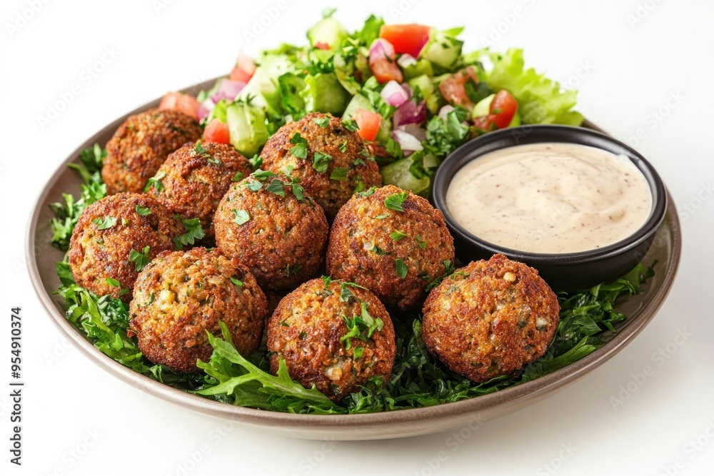 Fried Falafel Balls with Salad and Tahini Sauce Fried Falafel Balls with Salad and Tahini Sauce