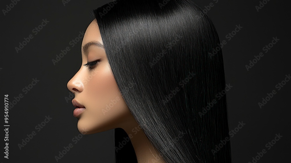 Fototapeta premium Side profile of a woman with smooth black hair on a dark background