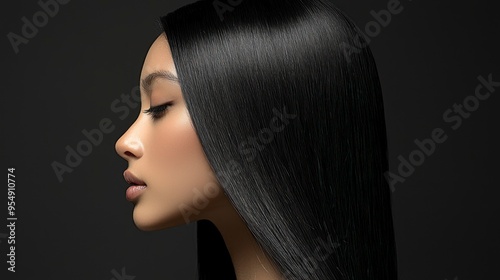 Side profile of a woman with smooth black hair on a dark background