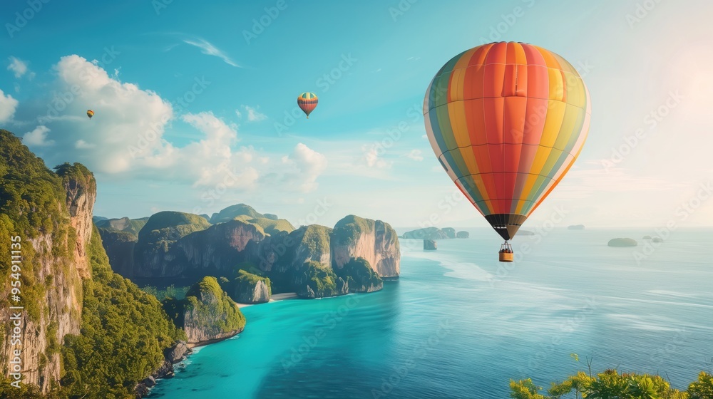 Fototapeta premium Vibrant hot air balloons soaring over tropical coastal cliffs and clear blue ocean.