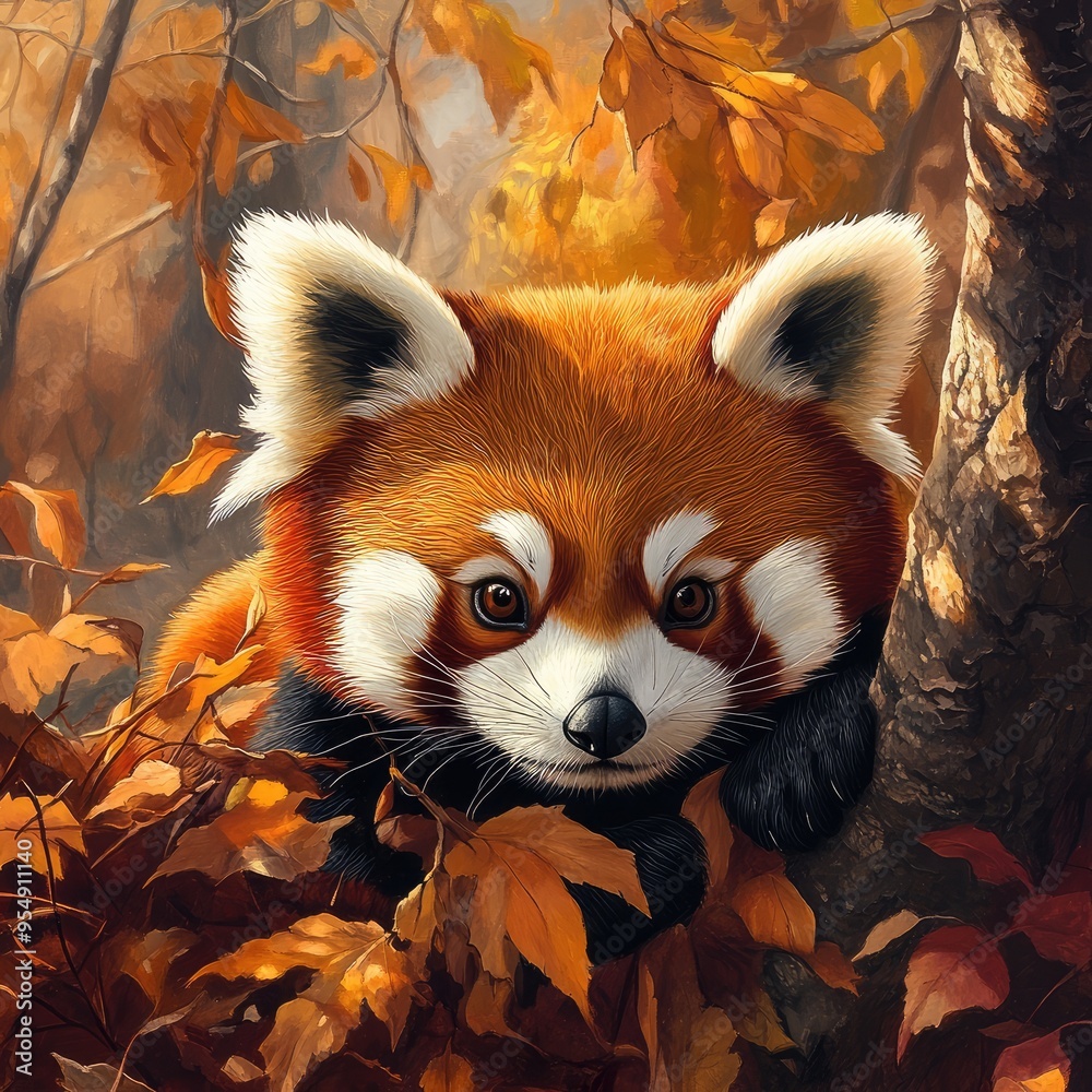 A playful red panda explores a vibrant autumn forest filled with colorful leaves and dappled sunlight, embodying the essence of nature's beauty in fall A playful red panda explores a vibrant autumn forest filled with colorful leaves and dappled sunlight, embodying the essence of nature's beauty in fall