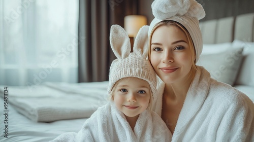 Mother and child in bathrobes smiling and posing in a cozy bedroom