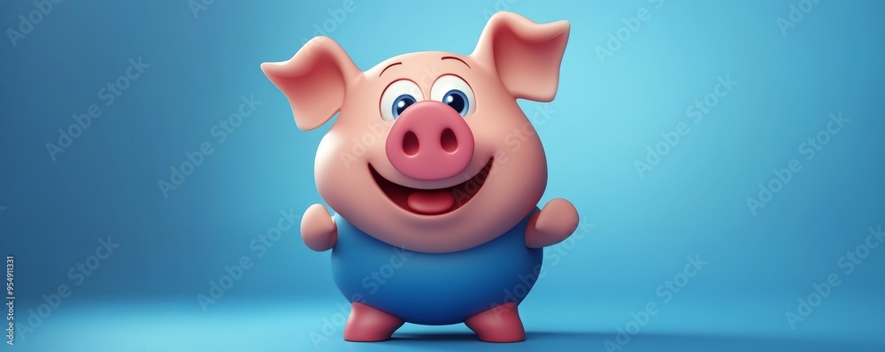 A cheerful cartoon pig character, standing with a friendly smile against a blue background, perfect for children's designs. A cheerful cartoon pig character, standing with a friendly smile against a blue background, perfect for children's designs.