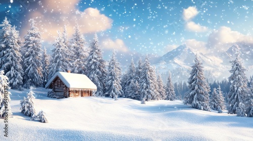A winter wonderland scene with snow-covered trees and cabin