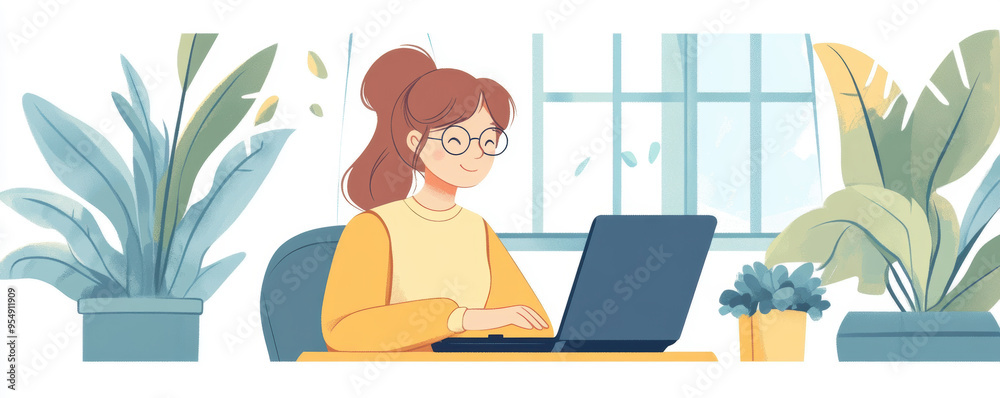 A young woman working on a laptop surrounded by vibrant plants in a bright, cozy workspace. A young woman working on a laptop surrounded by vibrant plants in a bright, cozy workspace.