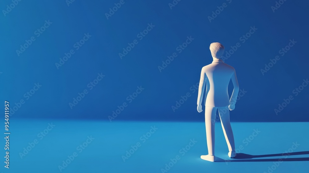 A minimalist figure stands against a solid blue background, symbolizing contemplation and inspiration in a creative space. A minimalist figure stands against a solid blue background, symbolizing contemplation and inspiration in a creative space.