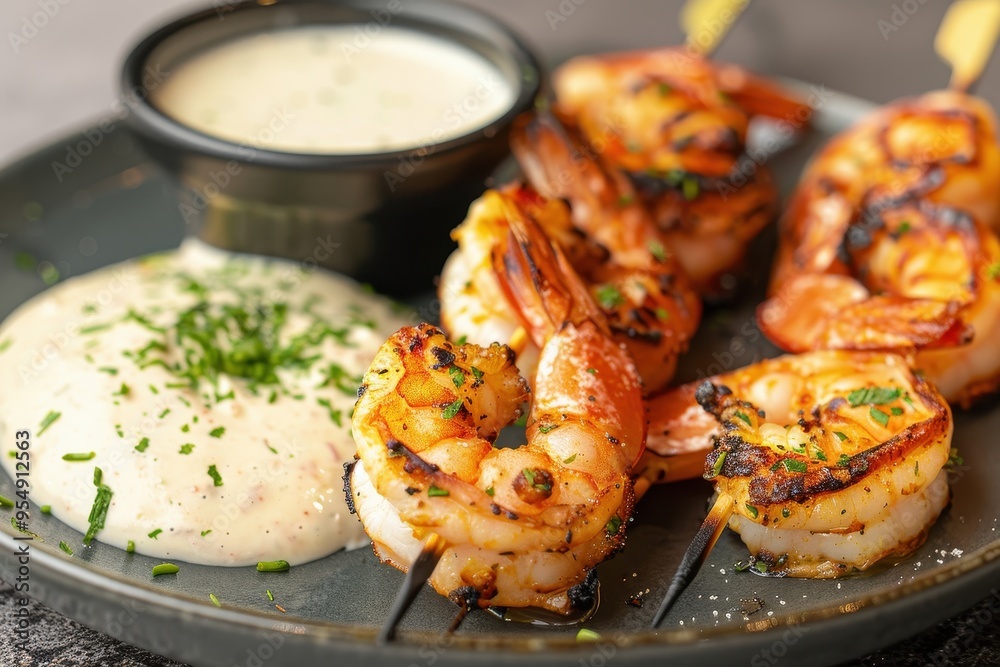 A serving of grilled prawns, skewered and served with a side of garlic aioli and lemon wedges A serving of grilled prawns, skewered and served with a side of garlic aioli and lemon wedges