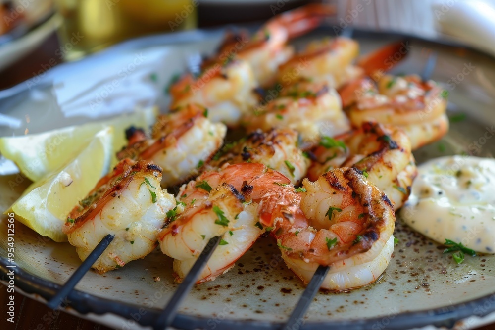 A serving of grilled prawns, skewered and served with a side of garlic aioli and lemon wedges A serving of grilled prawns, skewered and served with a side of garlic aioli and lemon wedges