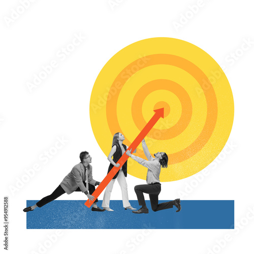 Poster. Contemporary art collage. Group elevates arrow toward bullseye, representing collective effort and focus on achieving targets. Concept of business, work in team, success,