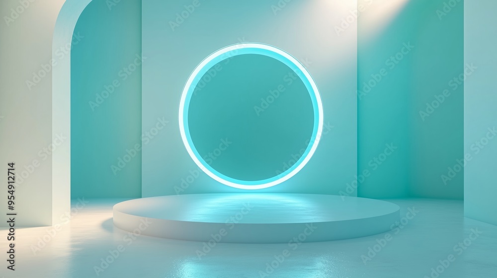 Minimalist teal studio with a glowing circular backdrop for creative presentations and photo shoots in modern design Minimalist teal studio with a glowing circular backdrop for creative presentations and photo shoots in modern design