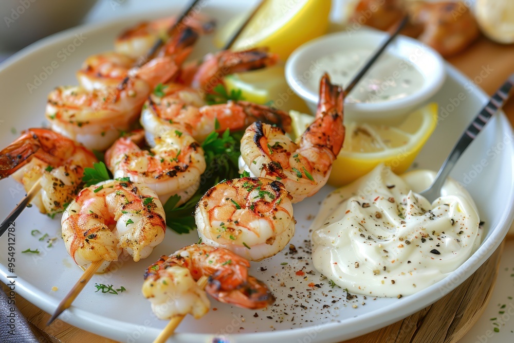 A serving of grilled prawns, skewered and served with a side of garlic aioli and lemon wedges A serving of grilled prawns, skewered and served with a side of garlic aioli and lemon wedges