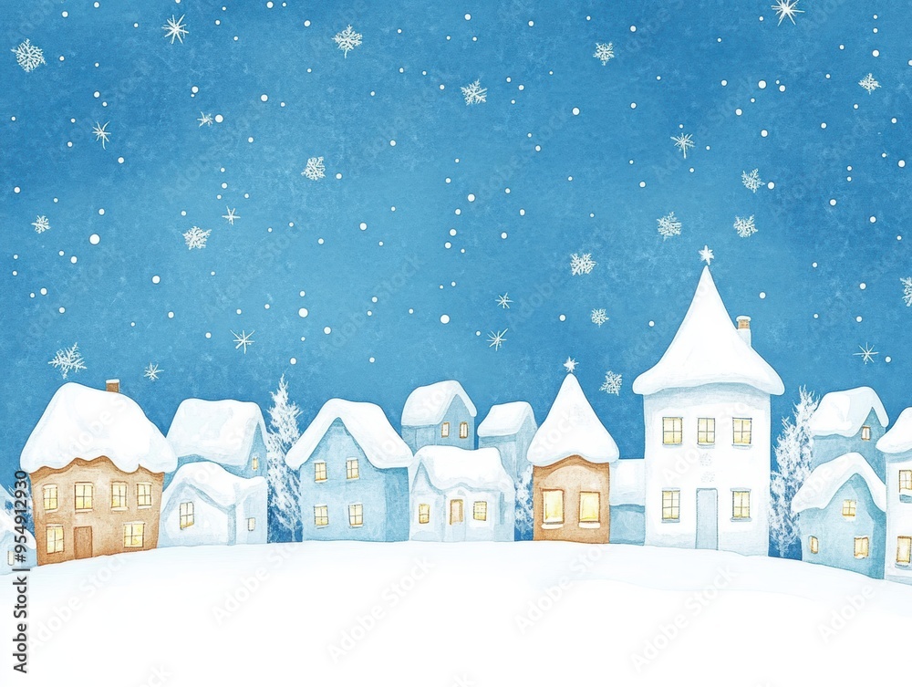 Charming winter village scene with snow-covered houses under a starry night sky, perfect for holiday-themed designs.