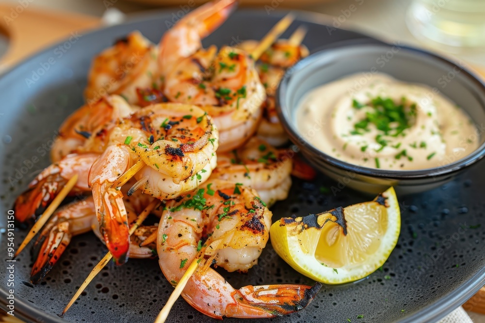 A serving of grilled prawns, skewered and served with a side of garlic aioli and lemon wedges A serving of grilled prawns, skewered and served with a side of garlic aioli and lemon wedges