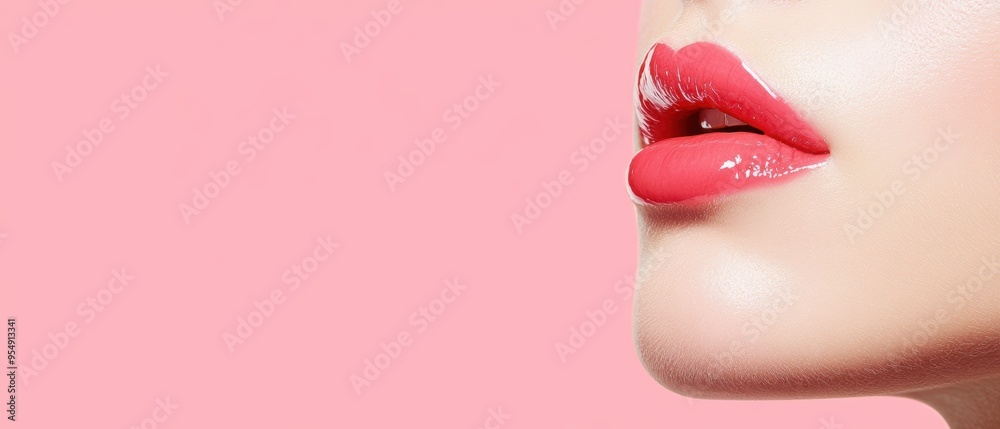 Obraz premium Close-up of glossy red lips against a soft pink background, showcasing beauty and elegance perfect for makeup and fashion themes.