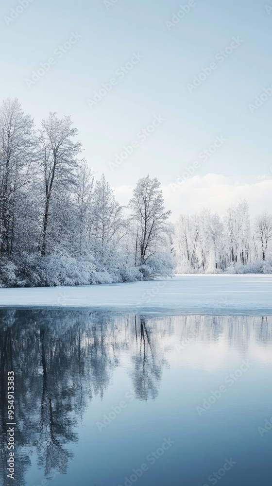A quiet winter lake with snowy trees around A quiet winter lake with snowy trees around