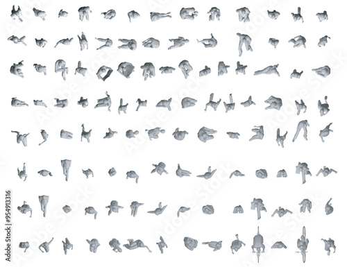 Set with people polygonal in different positions isolated on white background. Men, women and children walking, running, standing, sitting. Isometric view. Vector illustration. 3D