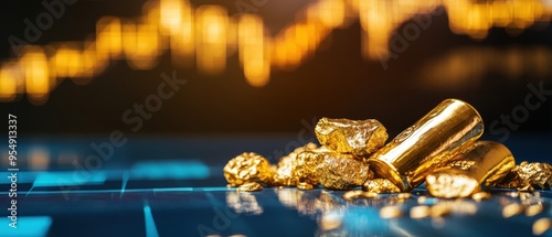 Close-up of gold bars and nuggets on a digital financial chart background, symbolizing wealth and investment opportunities. photo