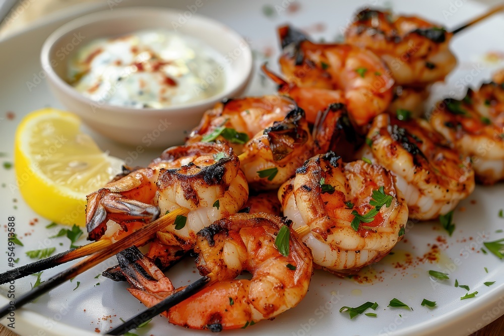 A serving of grilled prawns, skewered and served with a side of garlic aioli and lemon wedges A serving of grilled prawns, skewered and served with a side of garlic aioli and lemon wedges