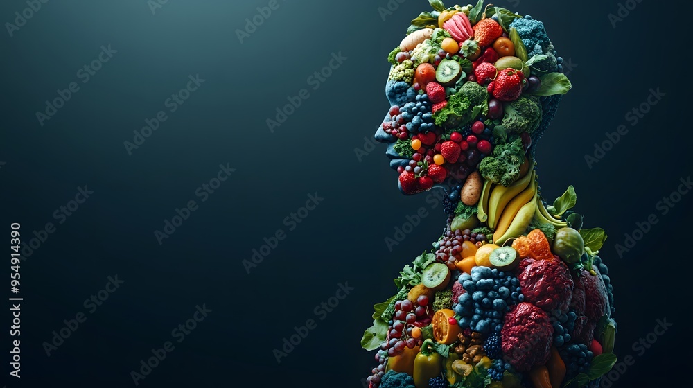 Human Silhouette Made of Fresh Fruits and Vegetables Human Silhouette Made of Fresh Fruits and Vegetables