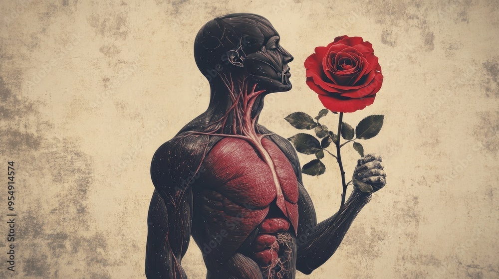 Human Rosing A human body with visible blood vessels and muscles transforming into a ...