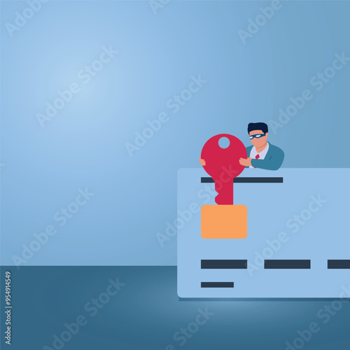 A man pulls a red key from a credit card, an illustration of credit card fraud.