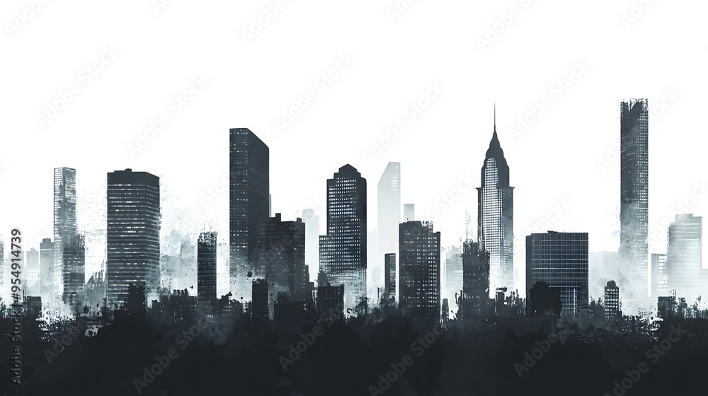 Cityscape Silhouette with Watercolor Effect. Cityscape Silhouette with Watercolor Effect.