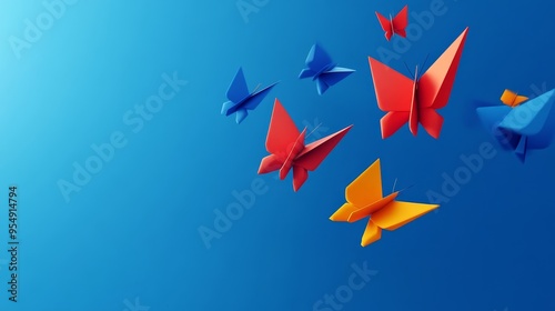 Colorful origami butterflies in vibrant hues float against a serene blue background, symbolizing creativity and freedom. photo