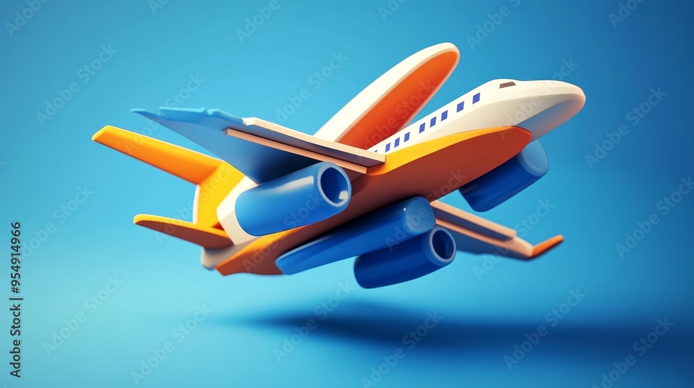 Colorful toy airplane soaring in a blue sky, symbolizing adventure, travel, and the joy of flying.