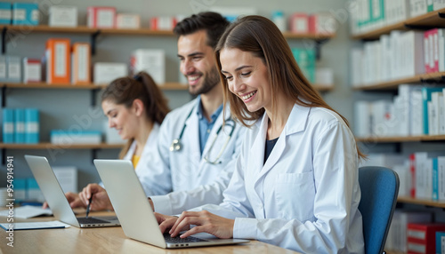 Happy pharmacist using laptop while her colleagues is taking notes in pharmacy.