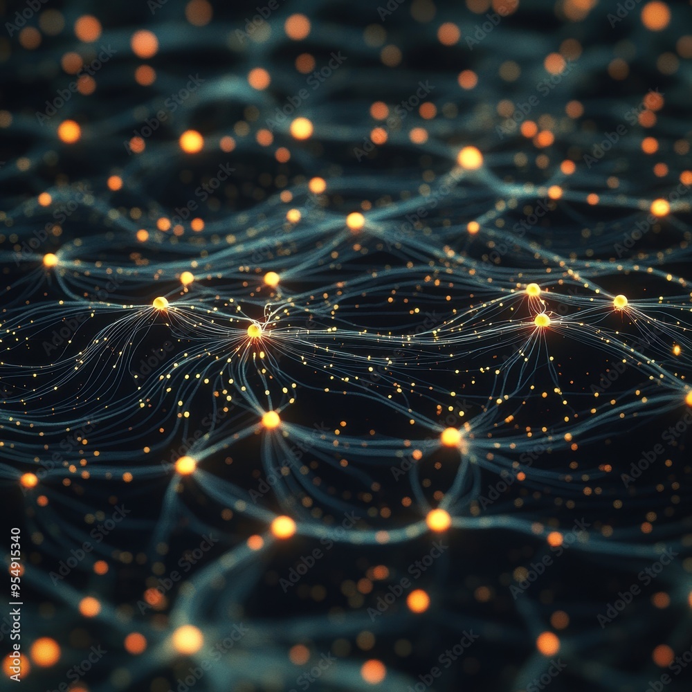 Abstract Network Connection with Golden Light Spots on Dark Background. Abstract Network Connection with Golden Light Spots on Dark Background.