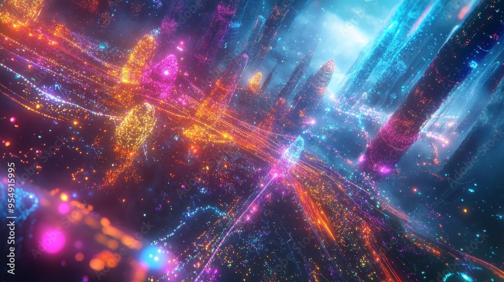 Fototapeta premium Abstract Cityscape with Neon Lights and Particles.