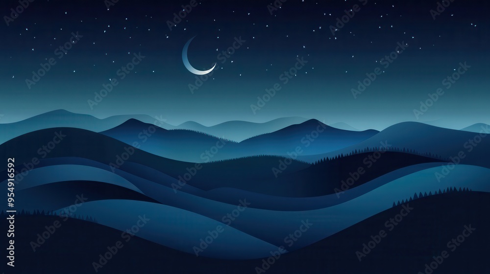 Fototapeta premium Nighttime Mountain Landscape with Crescent Moon and Stars Illustration.