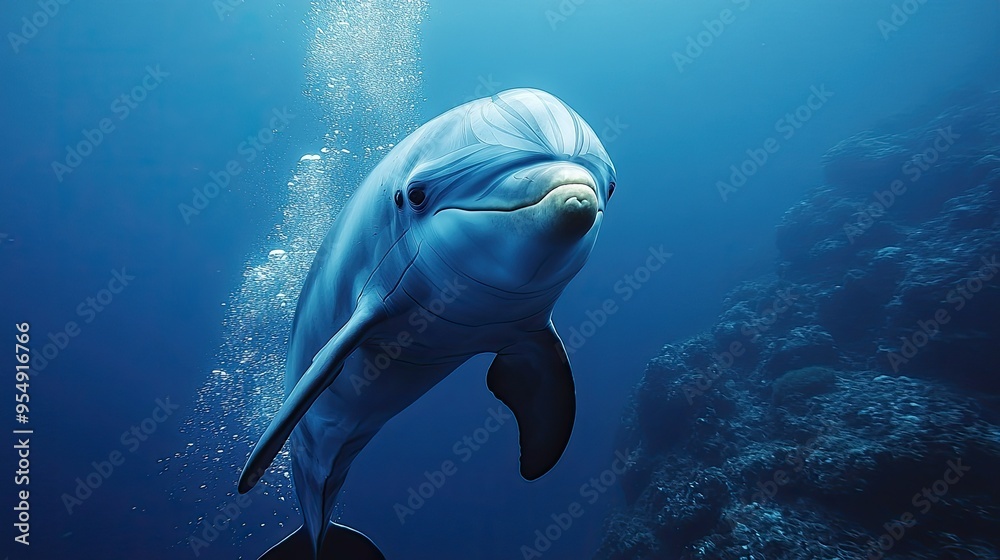 Fototapeta premium a diver swimming alongside a friendly dolphin in the ocean