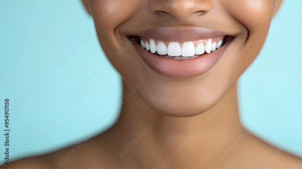 Obraz premium A close-up of a woman's beaming smile, highlighting her bright white teeth, with a light blue background adding a serene touch.