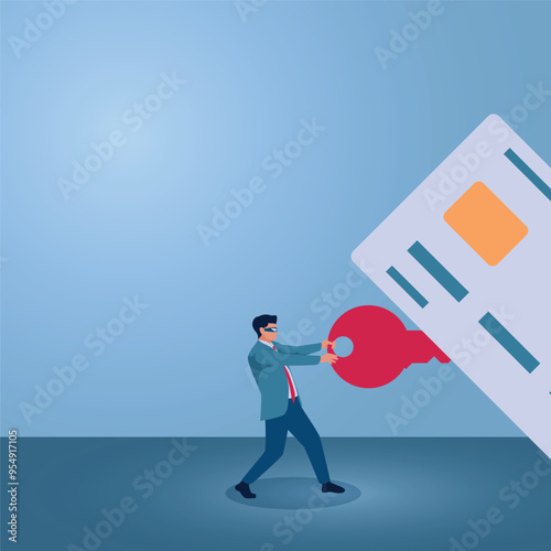 A man pulls a red key from a credit card, an illustration of credit card fraud.