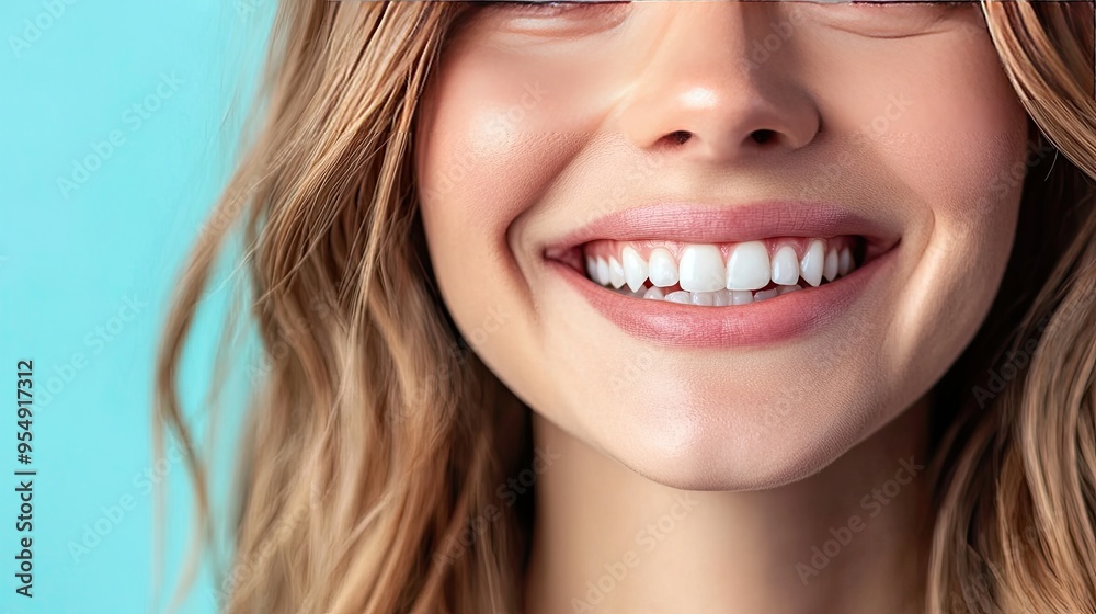 A close-up of a woman's beaming smile, highlighting her bright white teeth, with a light blue background adding a serene touch. A close-up of a woman's beaming smile, highlighting her bright white teeth, with a light blue background adding a serene touch.
