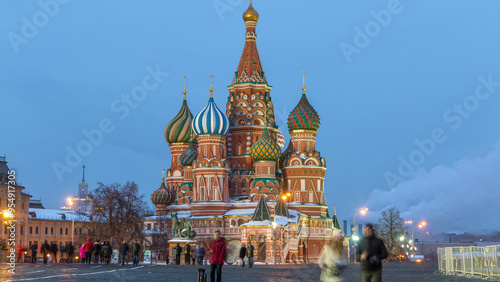 Red Square in winter day to night timelapse with Cathedral of St. Basil, Russia