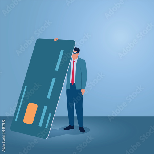 A man looks at the back of a credit card, illustration of credit card fraud.