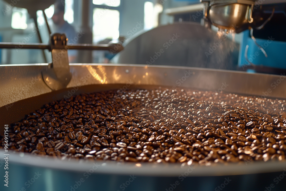 Roasting coffee beans in a vibrant workshop with rich aromas filling the air on a sunny morning Roasting coffee beans in a vibrant workshop with rich aromas filling the air on a sunny morning